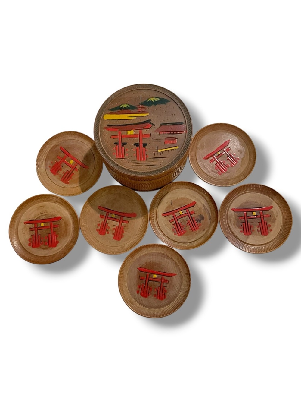Vintage Japanese Wood Coaster Set w/ Box Hand Carved Painted Mid Century Japan